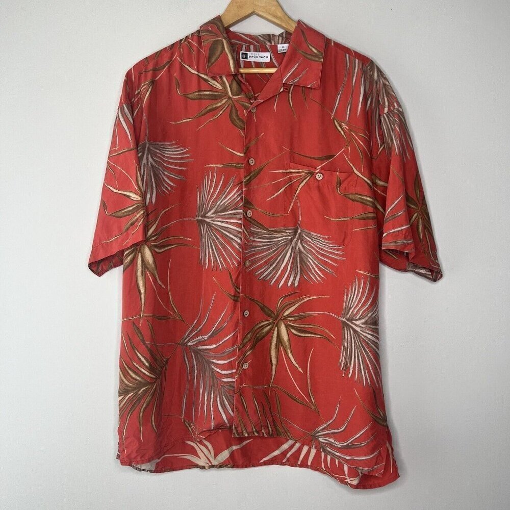 Bachrach Hawaiian Button Down Short Sleeve Red Shirt 100% Silk Palm Tropical